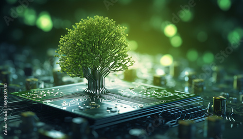 A Tree Flourishing at the Intersection of a Computer Circuit Board Exploring the Concepts of Green Computing, Green Technology, CSR, IT Ethics, and Environmental Sustainability in Technology. photo