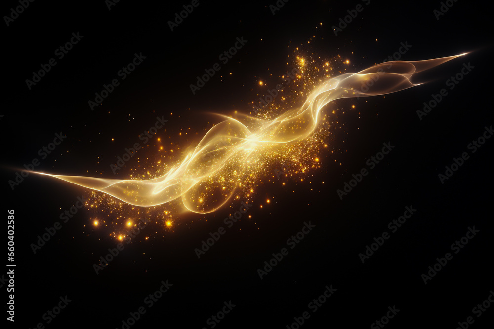 Abstract gold illuminated smooth wavy curved lines and golden sparkling dots, stars texture. Lights effect, lens flare, on dark technology background. Tech, business, science concept.  - obrazy, fototapety, plakaty 