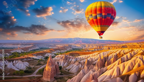  An energetic hot air balloon gracefully ascends above the picturesque terrain of Cappadocia, Turkey, adding a touch of magic to the scene