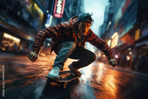 young man rides a skateboard along a city street