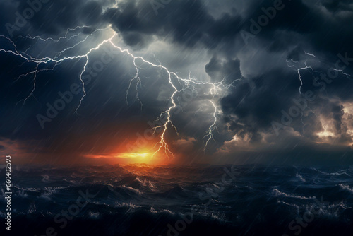 Thunderstorm, thunder and lightning. Storm at the coastline, stormy weather with dramatic night sky, dark clouds, lightning strikes and high waves. Natural disaster and force of nature concept.
