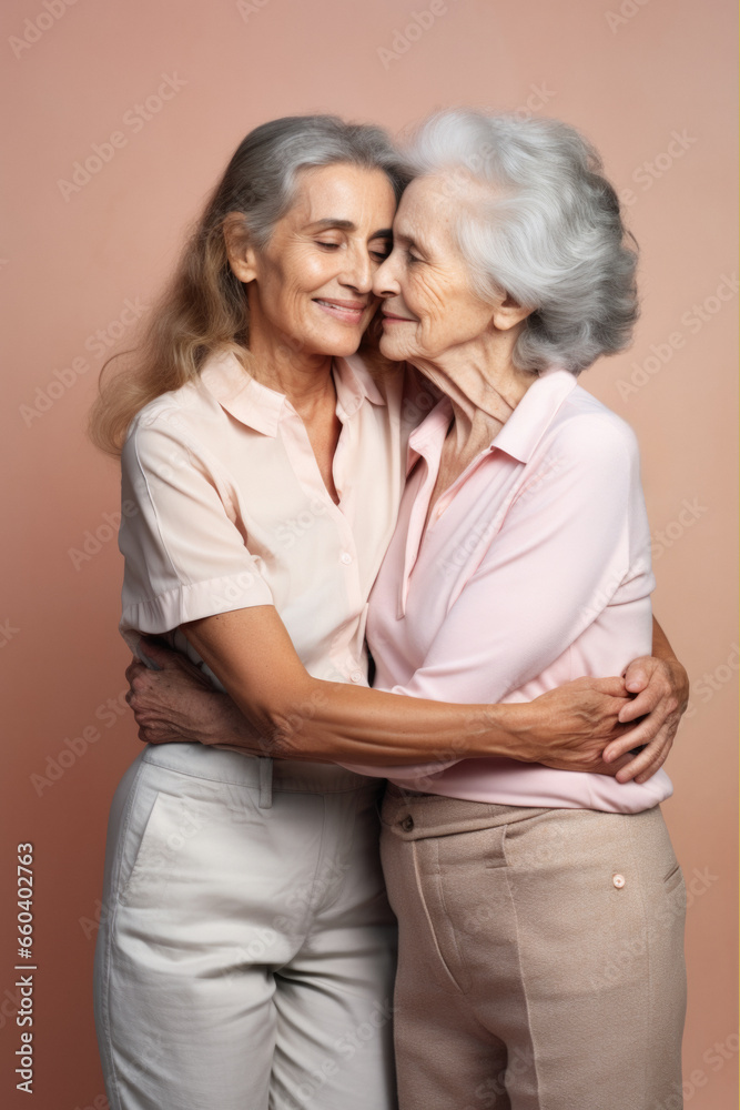 Two gray-haired elderly women hugging on a beige background Two gray-haired elderly women hugging on a beige background