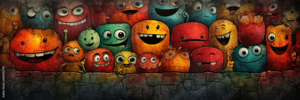 Funny faces of monsters with different emotions, in the style of colored graffiti. Horizontal banner Funny faces of monsters with different emotions, in the style of colored graffiti. Horizontal banner