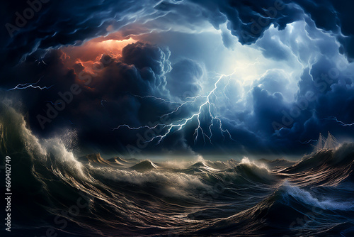 Thunderstorm, thunder and lightning. Storm at the coastline, stormy weather with dramatic night sky, dark clouds, lightning strikes and high waves. Natural disaster concept. photo