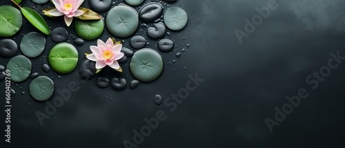 A flat lay, aerial view captures the serene beauty of smooth stones nestled in tranquil water, adorned with delicate lily pads, all bathed in soft, ethereal lighting photo