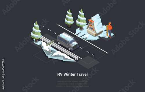 Resting in Nature And RV Winter Travelling. Camping Trailer Or Minivan Parked At Motorhome Parking In Near Ski Equipment Rental Point. Man Rent Ski To Ride Downhill. Isometric 3d Vector Illustration