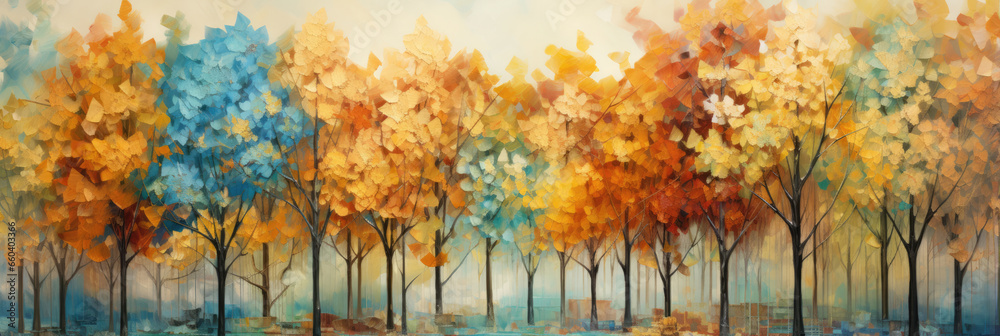 Colored autumn trees abstract background in painting style. Horizontal banner