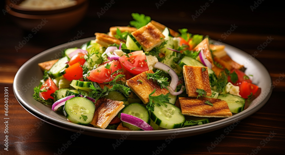 Fattoush Salad. Traditional fattoush salad on a plate, generative ai
