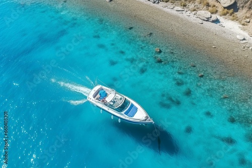 Aerial view of a speedboat in clear blue water at summer. Top view of a fast floating yacht in Mediterranean Sea. Travel in Oludeniz, Turkey. Tropical. Generative AI © Sophia