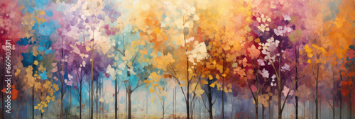 Colored autumn trees abstract background in painting style. Horizontal banner