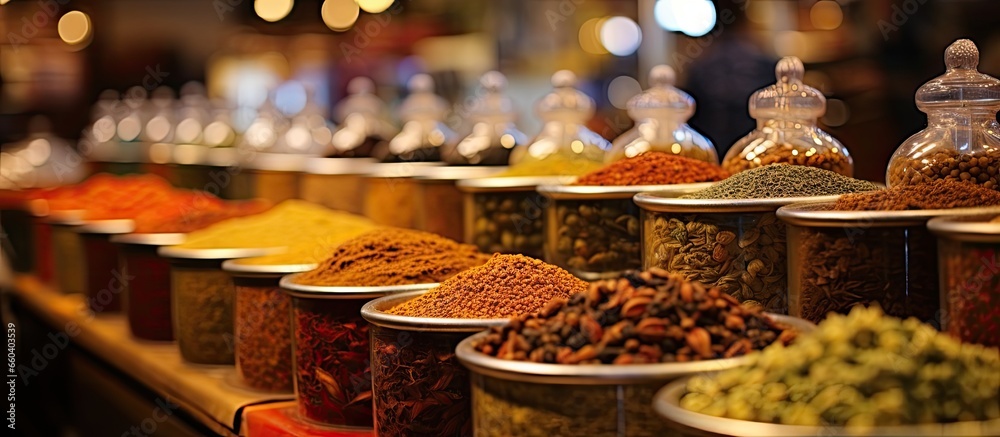 The famous Spice Souk market in Dubai is a popular tourist destination with plenty of aromatic spices and herbs on display With copyspace for text - obrazy, fototapety, plakaty 