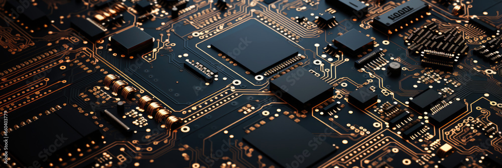 Circuit board with components, electronics abstract background. Horizontal banner