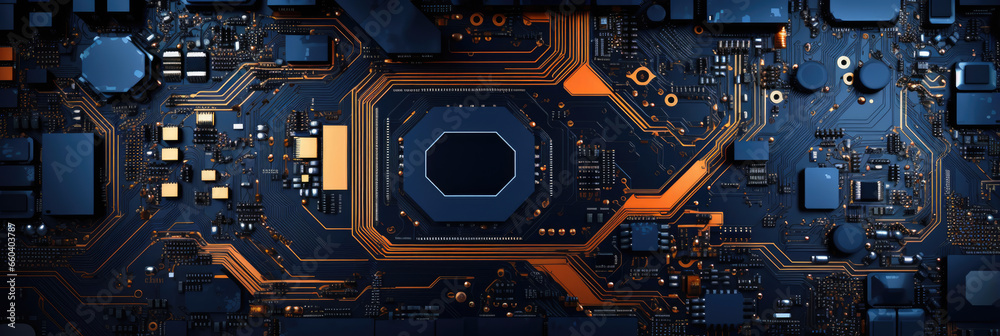 Circuit board with elements, electronics background. Horizontal banner