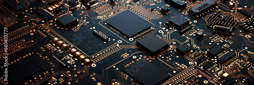 Circuit board with components, electronics abstract background. Horizontal banner