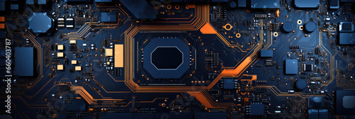 Circuit board with elements, electronics background. Horizontal banner