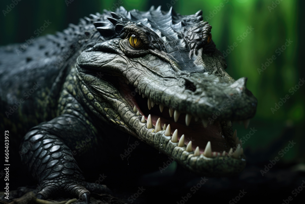 Crocodile with open mouth and fierce eyes of a predator Crocodile with open mouth and fierce eyes of a predator