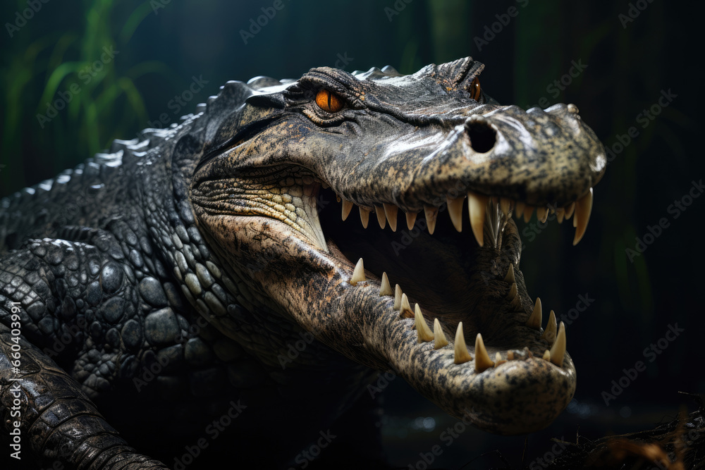Obraz premium Crocodile with open mouth and fierce eyes of a predator
