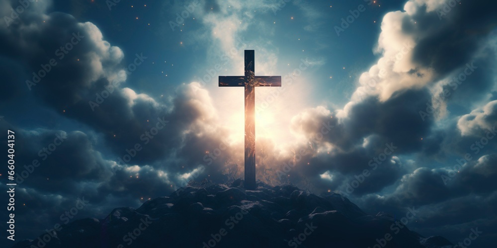 religious cross glows against the background of the sky with clouds. Easter background. Christian cross religious cross glows against the background of the sky with clouds. Easter background. Christian cross