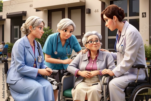 A doctor and a nurses provide health care to an old woman sitting in a wheelchair in the hospital courtyard
