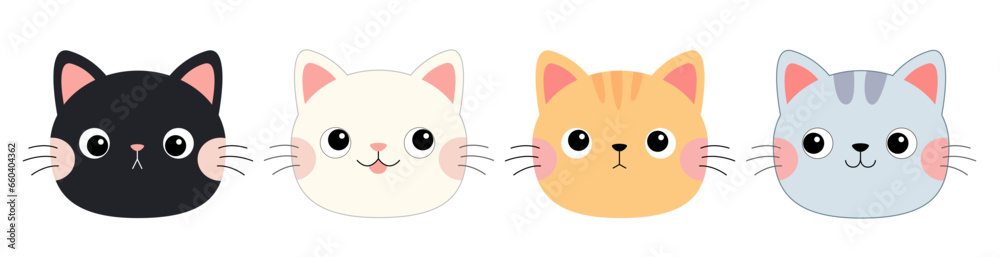 Cat face round icon set line. Cute kitten head silhouette. Different colors. Funny kawaii cartoon baby character. Happy Valentines Day. Sticker print template. Flat design. White background. Cat face round icon set line. Cute kitten head silhouette. Different colors. Funny kawaii cartoon baby character. Happy Valentines Day. Sticker print template. Flat design. White background.