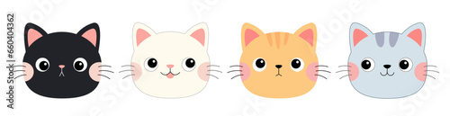 Cat face round icon set line. Cute kitten head silhouette. Different colors. Funny kawaii cartoon baby character. Happy Valentines Day. Sticker print template. Flat design. White background.