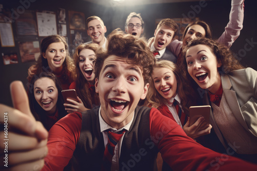 collage of group school classmates making selfie in classroom