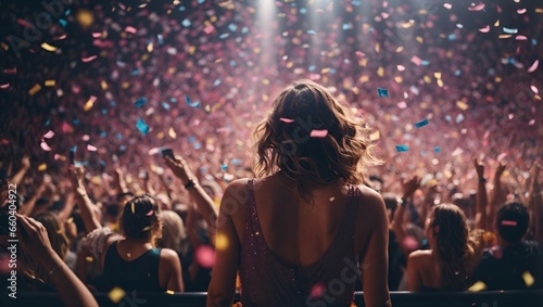 Crowd of people dancing at party night show festival. Electronic music dj group concert performance