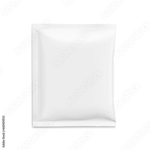 Sachet mockup. Hyper realistic. Vector illustration isolated on white background. Flat lay view. Packaging for cosmetic, food, pet. Ready for your design. EPS10.
