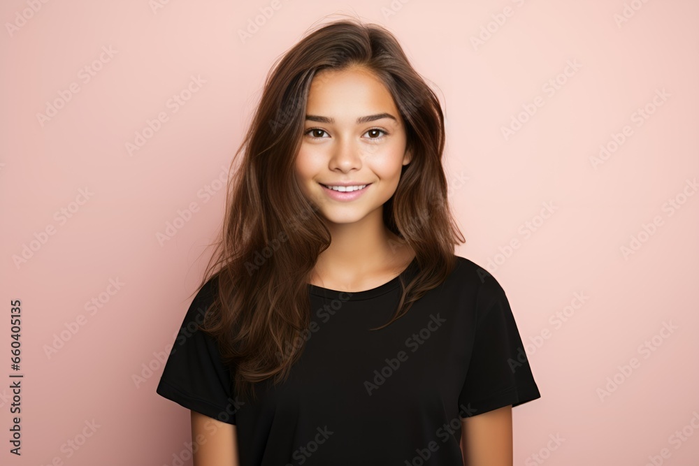 Portrait of a cute fictional white teenager girl smiling candidly. Isolated on a plain colored background. Generative AI. Portrait of a cute fictional white teenager girl smiling candidly. Isolated on a plain colored background. Generative AI.