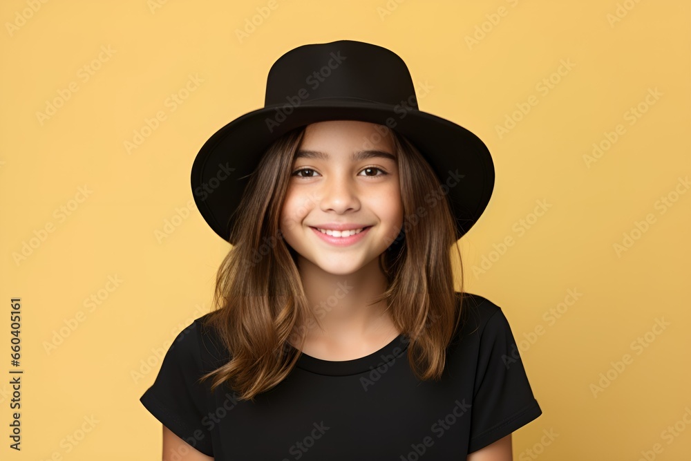 Portrait of a cute fictional white teenager girl smiling candidly. Isolated on a plain colored background. Generative AI. Portrait of a cute fictional white teenager girl smiling candidly. Isolated on a plain colored background. Generative AI.