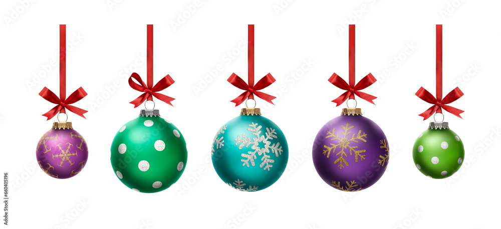 A collection of large and small green, blue and purple Christmas baubles hanging from red ribbon and bow with snowflake glitter patterns on them isolated against a transparent background A collection of large and small green, blue and purple Christmas baubles hanging from red ribbon and bow with snowflake glitter patterns on them isolated against a transparent background