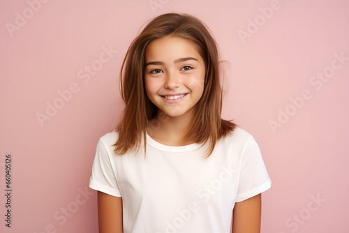 Portrait of a cute fictional white teenager girl smiling candidly. Isolated on a plain colored background. Generative AI. 