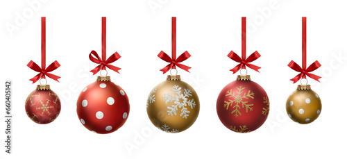 A collection of small and large red and gold Christmas baubles hanging from red ribbon and bow with snowflake glitter patterns on them isolated against a transparent background photo
