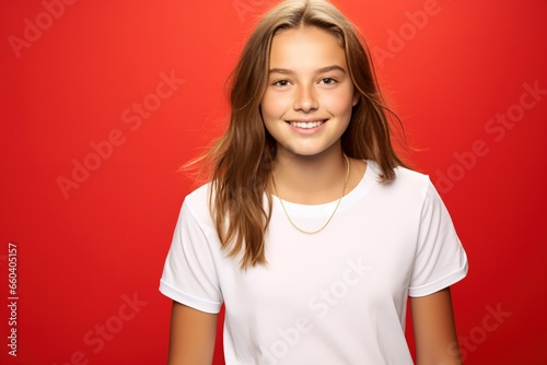 Portrait of a cute fictional white teenager girl smiling candidly. Isolated on a plain colored background. Generative AI. 