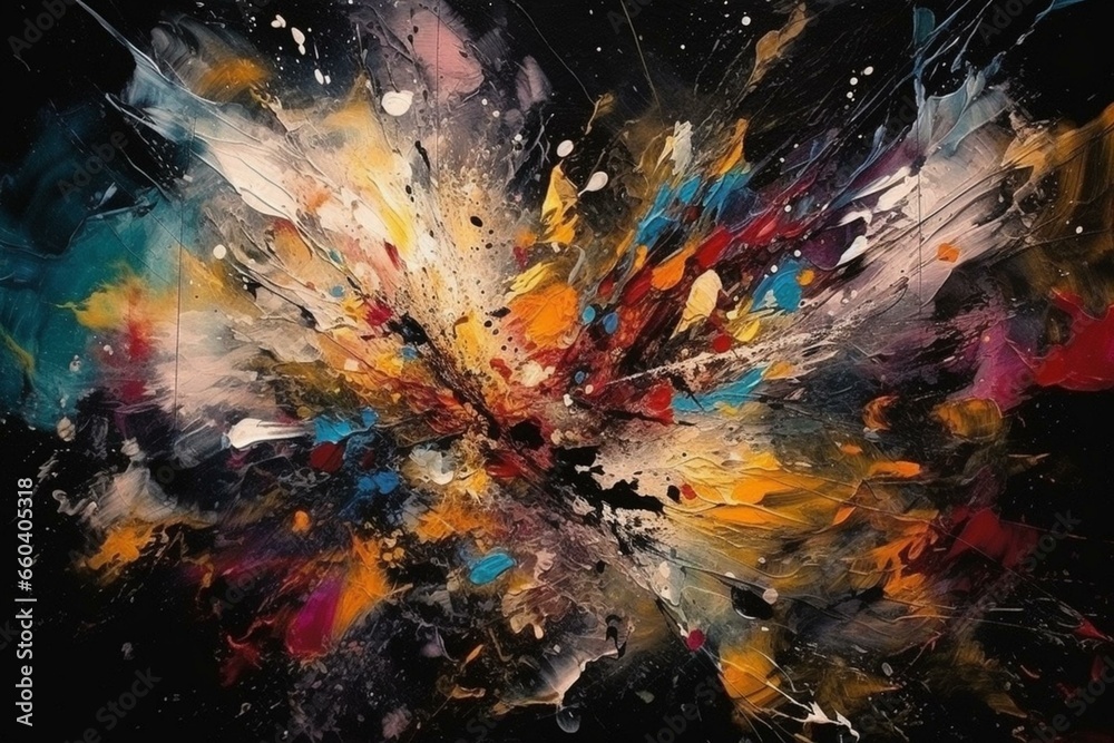 Abstract contemporary painting on canvas with dark background and colorful splashes, perfect for graphic and web design. Brushstrokes create a visually striking fragment of artwork,. Generative AI