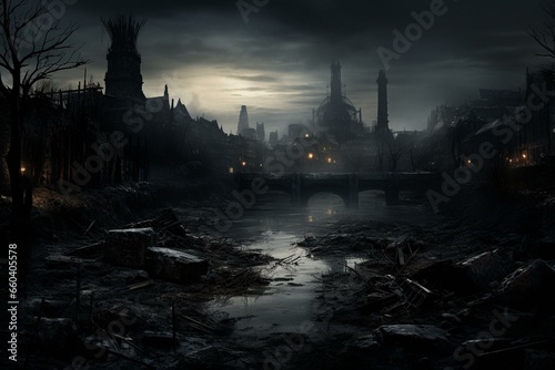 Art illustrates a dark cityscape in London, portraying a bleak future. Generative AI photo