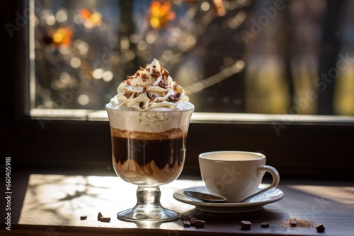 A delectable cup of Nutty Chocolate Coffee garnished with whipped cream and chocolate shavings, seated on a rustic wooden table in the soft morning light