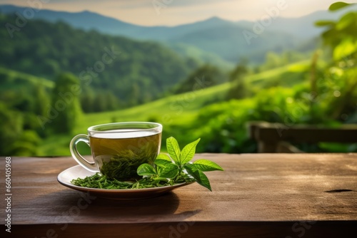 A steaming cup of Uva Tea (Ceylon Tea) nestled among lush green tea leaves, basking in the soft morning light on a rustic wooden table