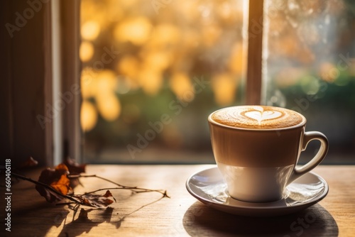 A Warm, Inviting Ginger Caramel Latte Sits on a Rustic Wooden Table, Bathed in the Soft Morning Light Through a Nearby Window