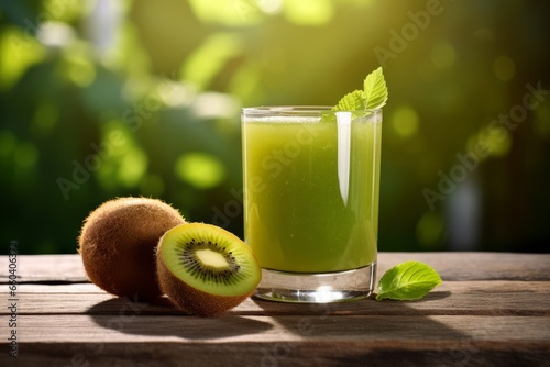 A Refreshing Glass of Kiwi Apple Juice Sits on a Rustic Wooden Table, Bathed in Warm Morning Light, Inviting a Healthy Start to the Day