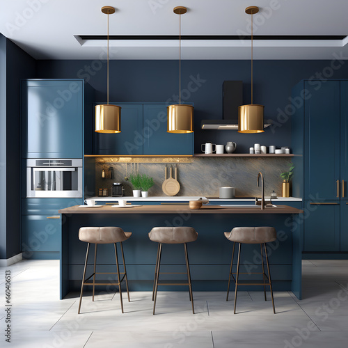 modern kitchen interior navy blue background