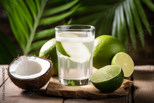 A Refreshing Glass of Lime Coconut Water Sits on a Rustic Wooden Table, Surrounded by Fresh Limes and Coconuts in a Tropical Setting
