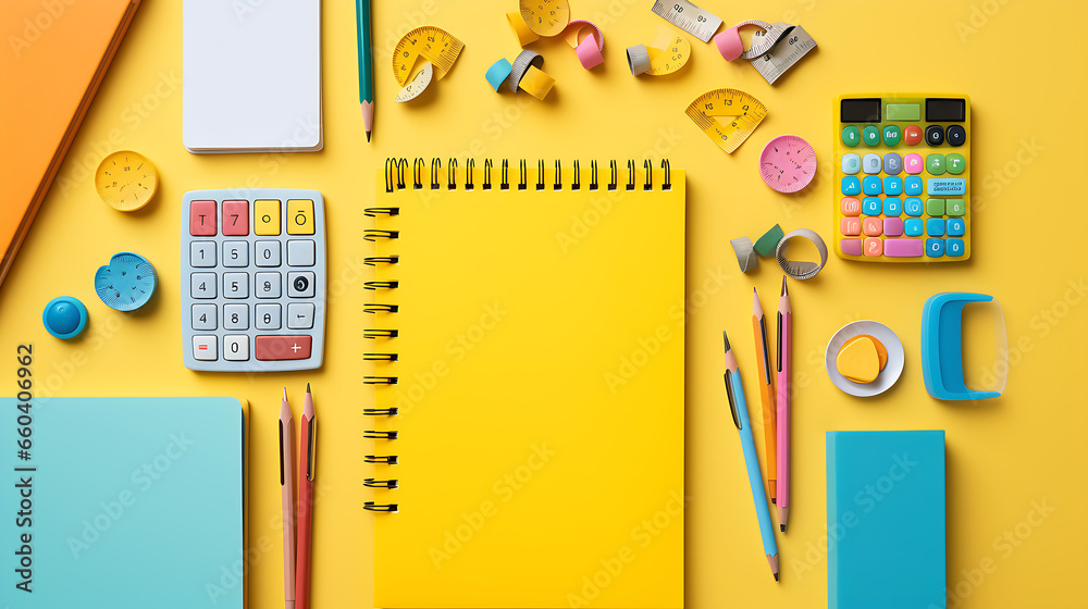 School supplies like notebooks, pencils, correctors, marker pens, binder clips, stapler, calculator  - obrazy, fototapety, plakaty 