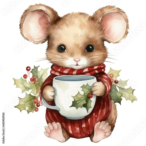 Watercolor Christmas Autumn Winter mouse isolated clipart