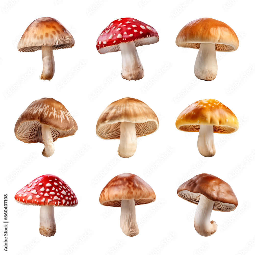 mushroom collection isolated on transparent background