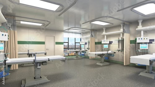 3d rendering，Hospital clean and tidy high-tech ward animation, indoor, medical, hospital indoor animation photo