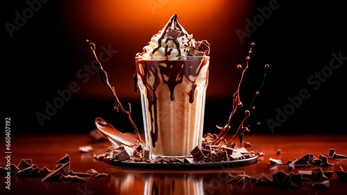Chocolate milkshake with whipped cream and chocolate shavings.