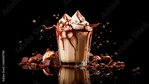 Luscious Milkshake with Whipped Cream and Chocolate Topping. Sweet Indulgence, Creamy Delight, Dessert Temptation. photo