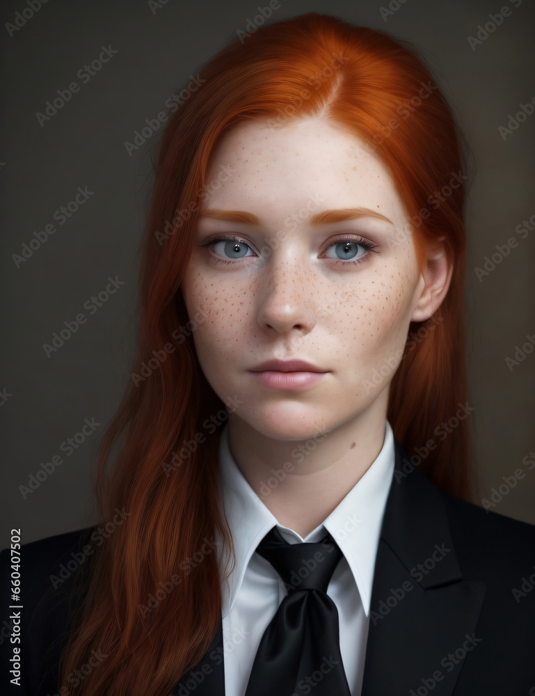 Portrait of a Beautiful business woman with ginger hair, majestic face and eyes, wearing formal clothes, a black blazer with a white formal shirt on a dark background Portrait of a Beautiful business woman with ginger hair, majestic face and eyes, wearing formal clothes, a black blazer with a white formal shirt on a dark background