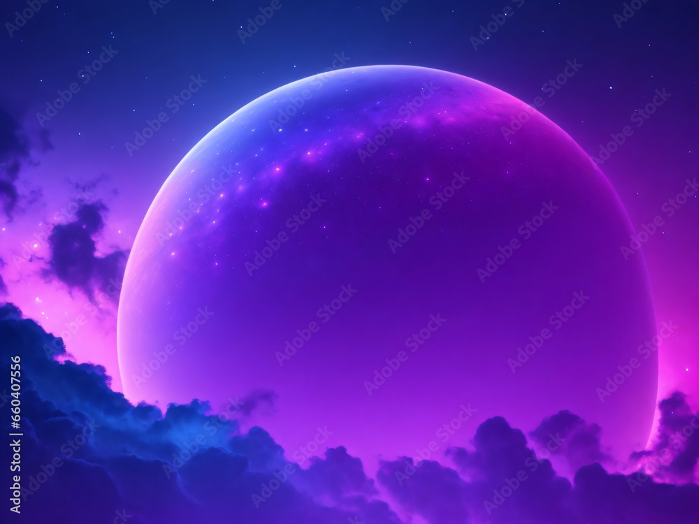 Backdrop, gradient colors navy blue purple pink, glowy edges like neon light, galaxy background, Huge purple moon in the background